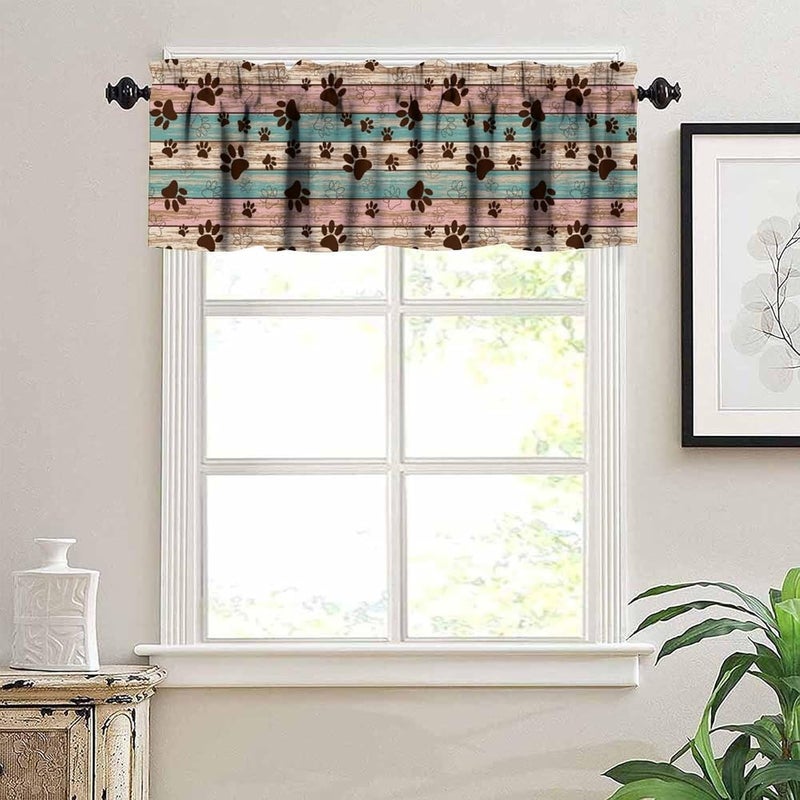 YSWOW Dog Paw Print Valance Curtain for Teens Kids Bedroom Decor Rustic Wood Board Puppy Paws Art Printed Window Drapes Decor W54xL18in Fabric 1 Panel - Image 2